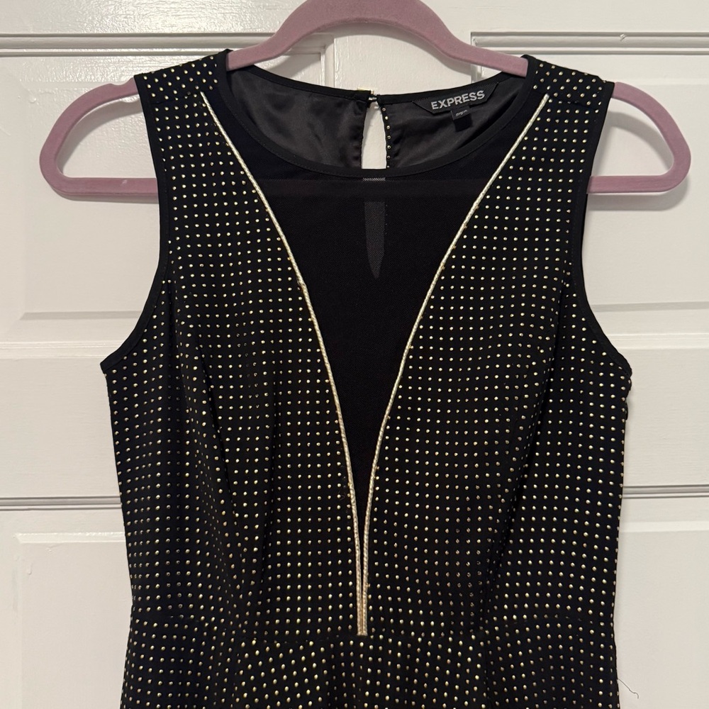 Express Gold Studded Mesh Front Fit & Flare Mini Dress Black Gold Size 2 - Picture 3 of 9
